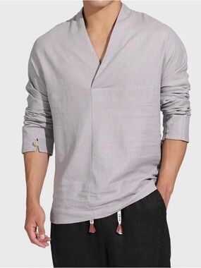 Men's Casual V-Neck Long-Sleeve Shirt in Light Gray